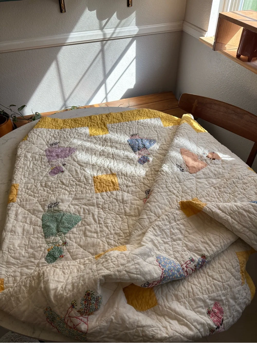 Vintage Handmade 1950s Patchwork Doll Quilt in Cream and Yellow Organic Cotton